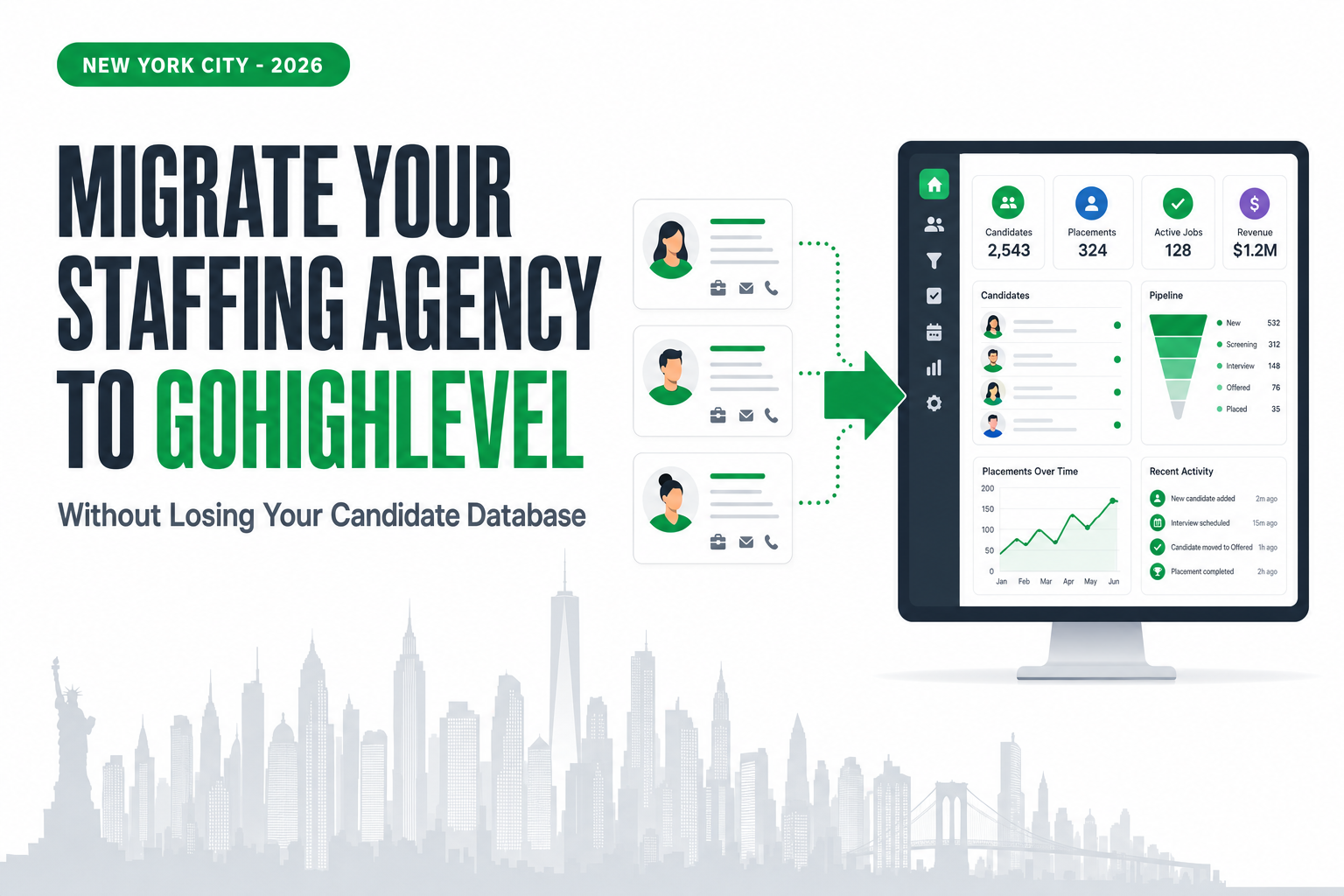 Titled slide reading 'How to migrate your staffing agency to GoHighLevel without losing your candidate database — a New York City 7-step playbook', in green and charcoal brand colors.